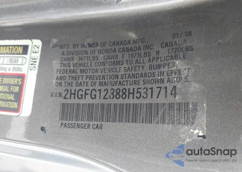 2008 Honda Civic Ex z USA, uszkodzony, nr VIN 2HGFG12888H531714